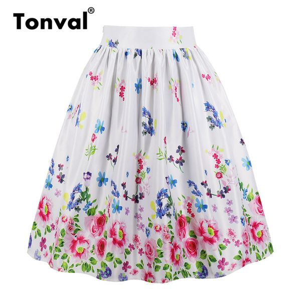 

tonval multicolor цветочные печати юбка белая плиссированные юбки женщины карманы урожай midi 2020 плюс размер высокой талией юбка лето, Black