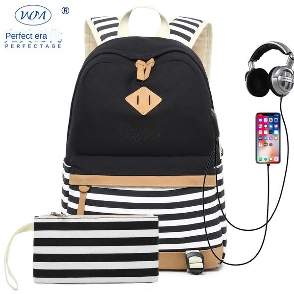 

моды корейской печати холст женской средней школы сумка холст рюкзак школьный полосатые новых женщин большой емкости рюкзака, White