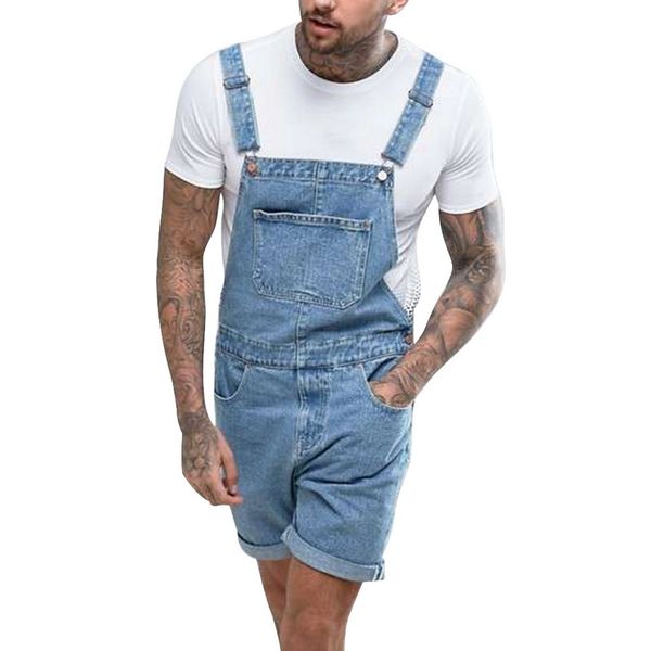 

litthing new summer new plus size 3xl men's ripped denim shorts vintage distressed bib overalls male casual suspender bottoms, Blue