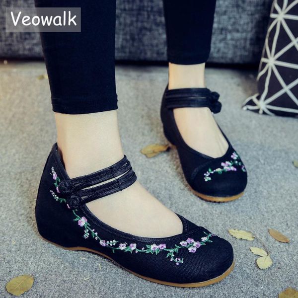 

veowalk brand new flower vines женщины белья хлопок ткань балетки лодыжки ремень дама повседневная ручная работа холст вышивка обувь, Black