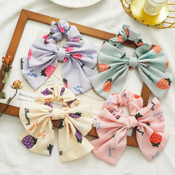 

women girls bows scrunchies strawberry letter elastic hair band hair holder kids strawberry printed bows chiffon elastic hairband v073, Slivery;white