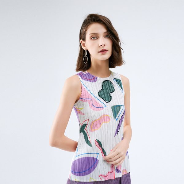 

women's t-shirt 2021 summer geometric print miyak fold fashion large size casual all-match sleeveless tied, White