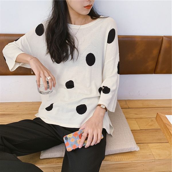 

черный и белый top трикотаж простой волнистый тонкий трикотаж лета женщин дышащий половина рукав вокруг шеи вязаный t солнцезащитный крем св, White