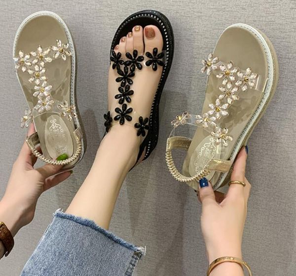 

the new summer 2020 fashion versatile elastic band leaky toe sandals transparent ladies casual high heel sandals, Black