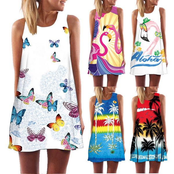 

2020 women summer dress vintage sleeveless 3d floral print tank short mini dress flamingos butterfly boho beach dresses vestidos, Black;gray