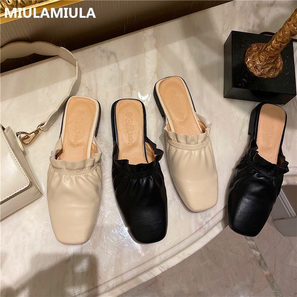 

miulamiula brand design size 35-40 2020 autumn korean fashion ruffles leather flat slippers slip-on loafers mules flip flops, Black