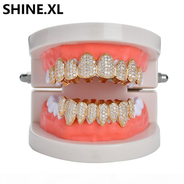 

hip hop iced out zircon gold teeth grills 8 & bottom tooth grills dental cosplay vampire teeth caps rapper party jewelry gift, Black