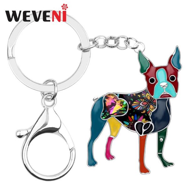 

weveni enamel alloy rhinestone boston terrier dog key chain keychain ring fashion animal jewelry for women girls bag charms gift, Silver