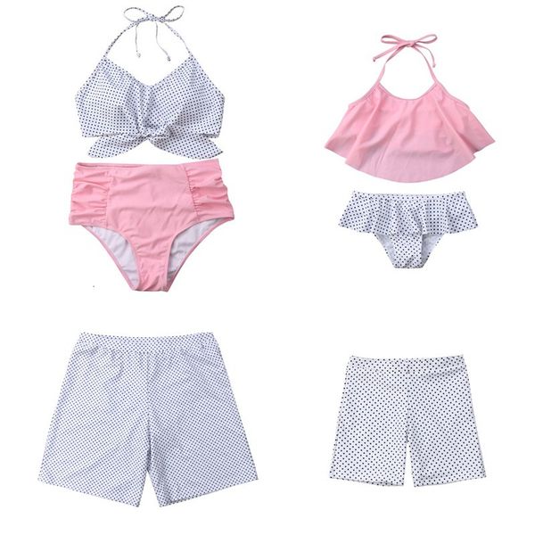 

spandex 2020 family match swimsuit dot print bandage biquinis swimming trunks mom dad boy girl lovely bikinis high waist bathing vintage, White;black