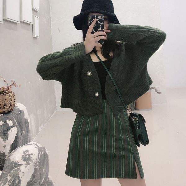 

women harajuku green vertical striped skirt spring high waist side slit package hip skirt slim casual skirts shorts plus size, Black