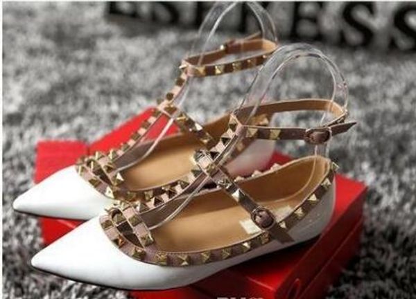 

brand women pumps pointed toe flat fashion women shoes rivets genuine leather ankle strap sandals shoes 35-42 cs07, Black