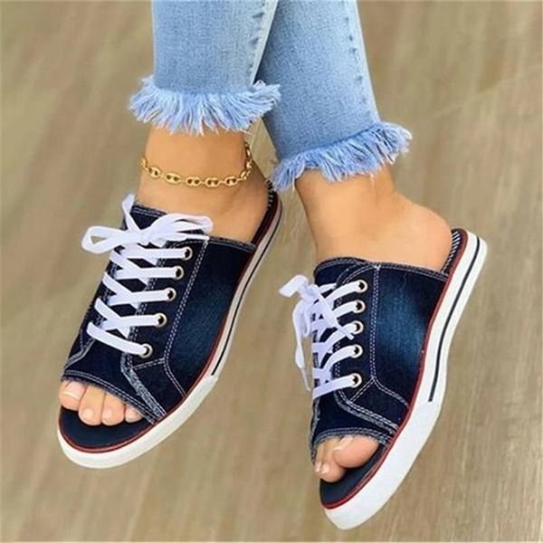 

2020 new fashion women canvas sandals breathable summer slippers lace up open toe ladies faux denim flat shoes, Black
