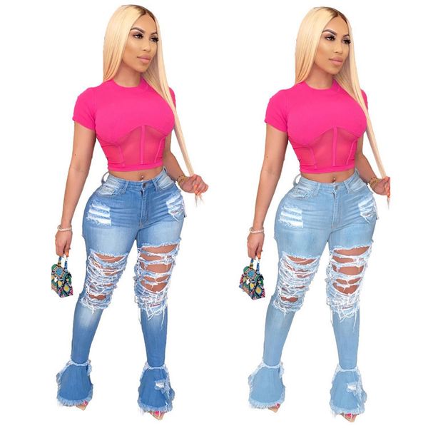 

ripped jeans for women high waist jeans vintage with holes patchwork bell bottom jean denim pants trousers bc237, Blue