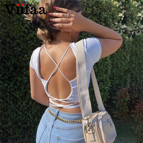 

women's t-shirt viifaa criss cross self tie backless party crop women summer t shirt cotton o-neck white solid basic tshirts
