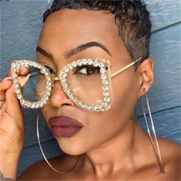 

bling rhinestone clear lens sungasses women 2020 fashion half round sun glasses big shades yellow purple diamond party eyewear, White;black