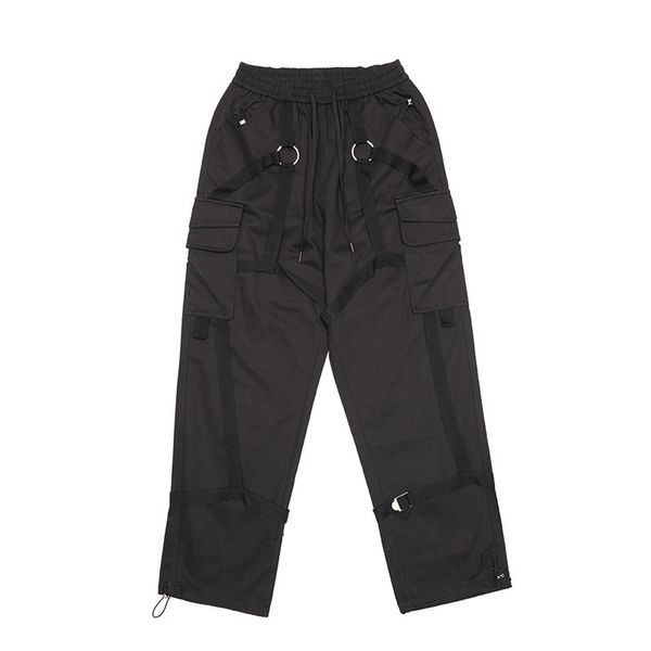 

men streetwear hip hop casual loose cargo pants male ribbon splice multi-pocket harem trousers jogger sweatpants, Black