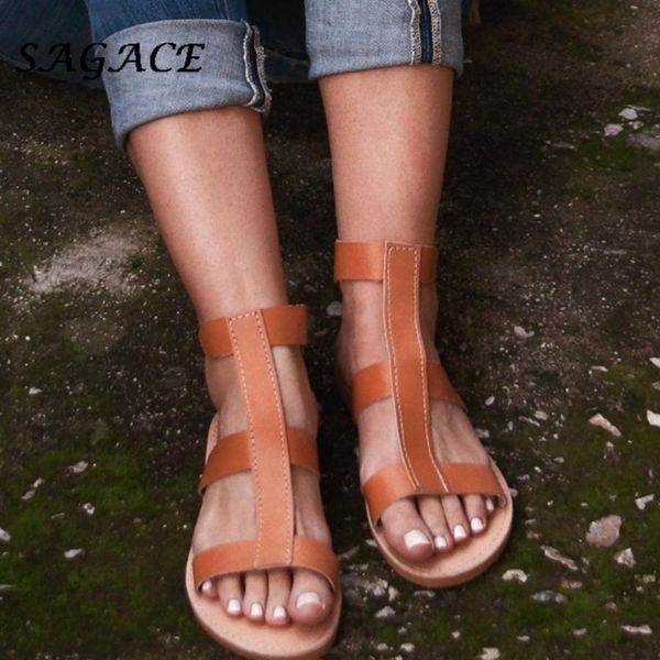 

sagace roman women summer flat sandals leather beach open toe shose casual ladies gladiat sandals 2020 women ankle strap shoes, Black