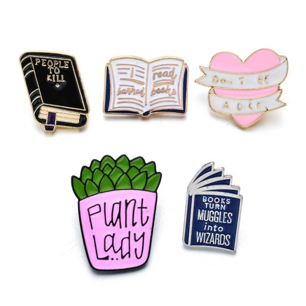 

1pcs cartoon books potted plants metal enamel brooch for women men cute brooches badges pin fashion jewelry gifts, Gray