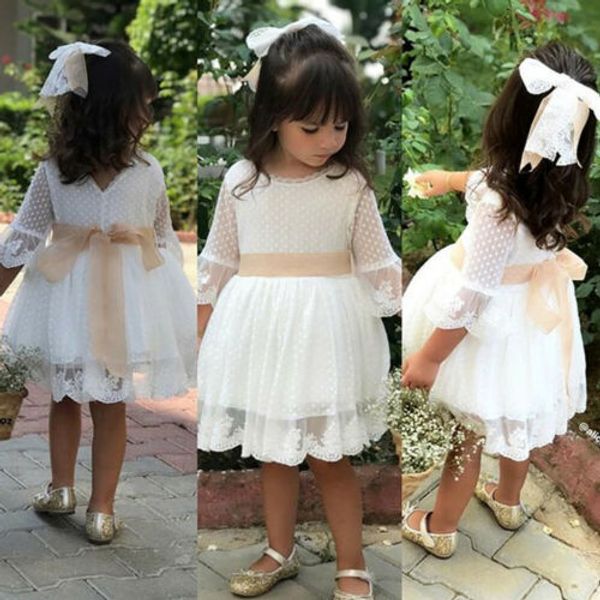 

spring girls bridesmaid white dress baby toddler kids knee-length fashion party lace long sleeve bow wedding princess dresses t200709, Red;yellow