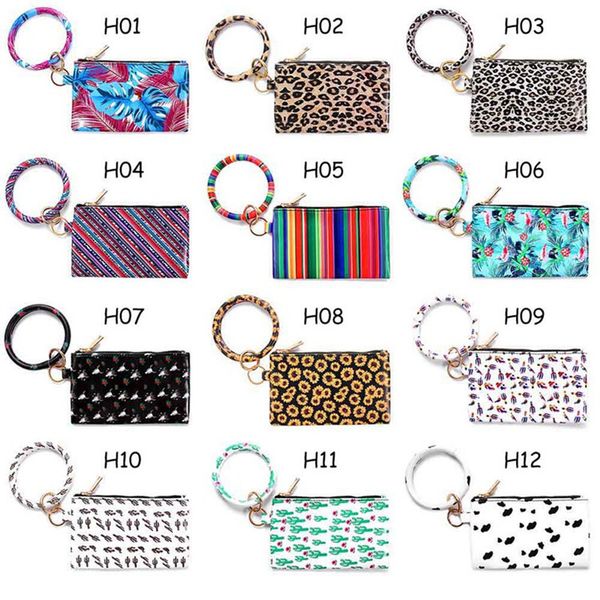 

2020 pu bracelet keychain leather wrist key ring round leopard wallet bracelets handbag pendant purse lady clutch bag coin purse makeup bag