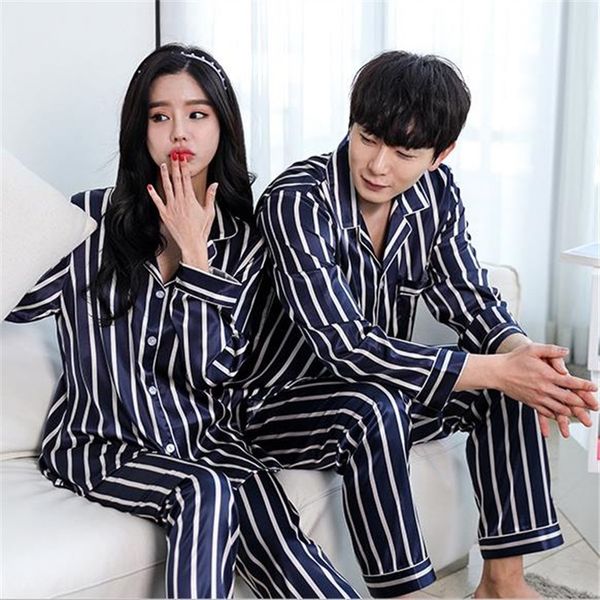 

season new couple pajamas simulation silk stripe long-sleeved cardigan autumn pajamas set home clothes home clothes set, Blue;red