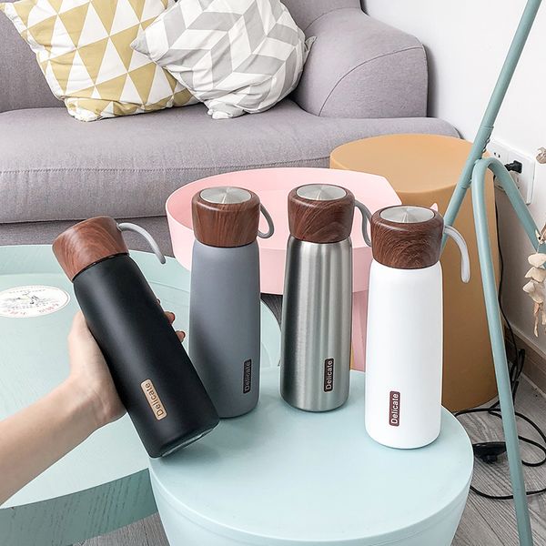 

japanese-style wooden cover creative vacuum cup thermoses outdoor portable harajuku cup student sports stainless steel cup
