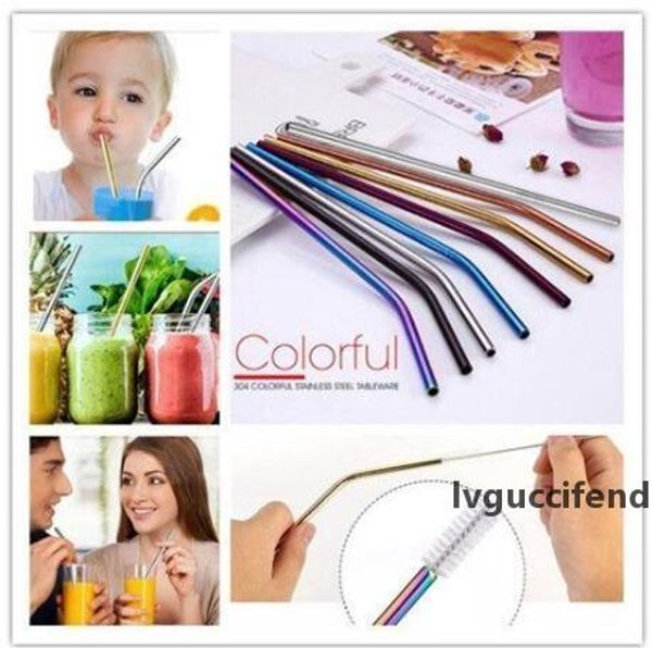 

stainless steel drink straw 6*0.5*215mm reusable rainbow gold metal straight bend straws drink tea bar drinking straws