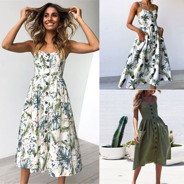 

party boho sundress women summer dress 2019 female casual backless midi dress button polka dot striped floral elegant dress
