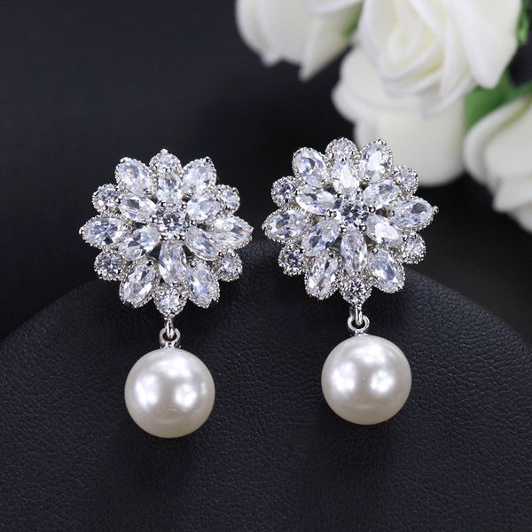 

tiny trendy cubic zirconia flower earrings sparkling crystal white pearl earrings for women wedding jewelry 2020, Golden;silver
