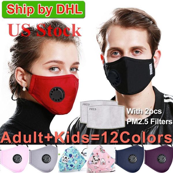 

us stock washable face mask anti-dust reusable pm2.5 masks with 2 filter valve protective cotton children kids face masks cloth washable, Black