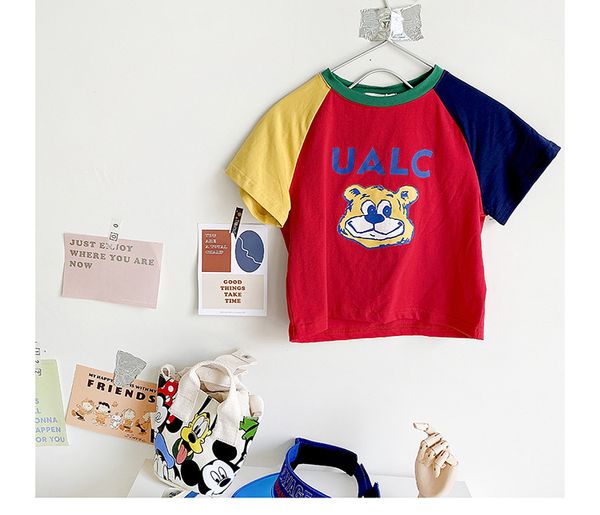 

детская одежда летом новая корейская детской хит цвет мультфильм печать шея с коротким рукавом детской футболки тенденция, Blue