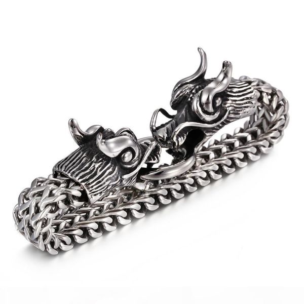 

trustylan vintage stainless steel men bracelet cool double dragon head male jewelry accessory cool mens bangle wristband 225mm y1891908, Black