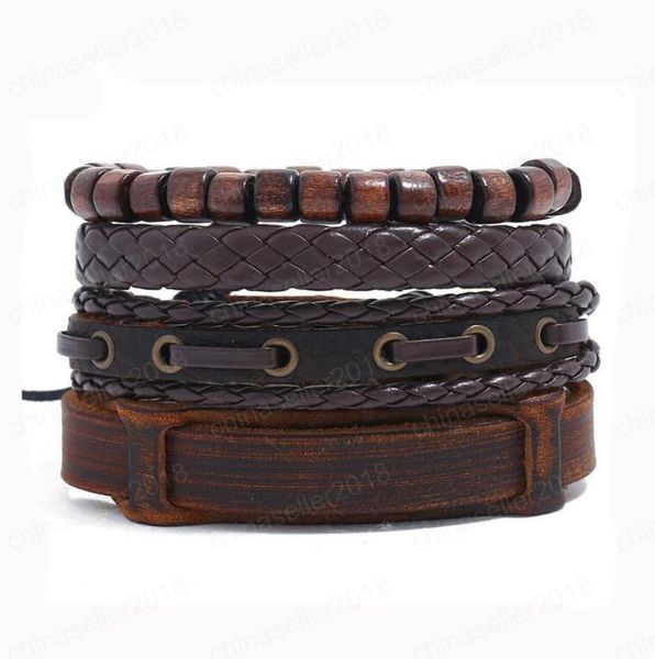 Heißer verkauf männer echtes leder armband DIY PU Holz Perle Wachs seil Perlen Kombination anzug Armband 4 arten/1 satz