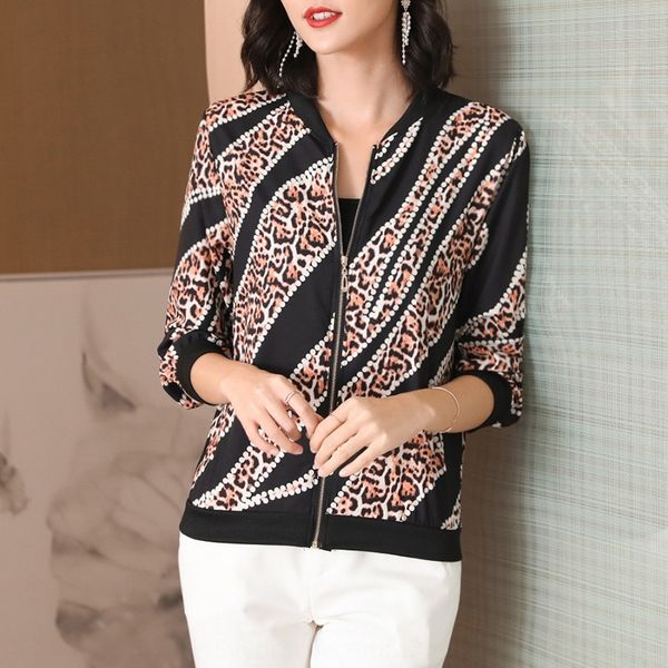 

women's silk-like baseball short jacket short coat 2020 summer new loose thin printed jacket sunscreen clothing for women, Black;brown