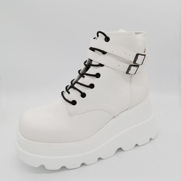

9.5cm heels boots thick bottom slope belt buckle high-heeled boots women platform white black ladies shoes