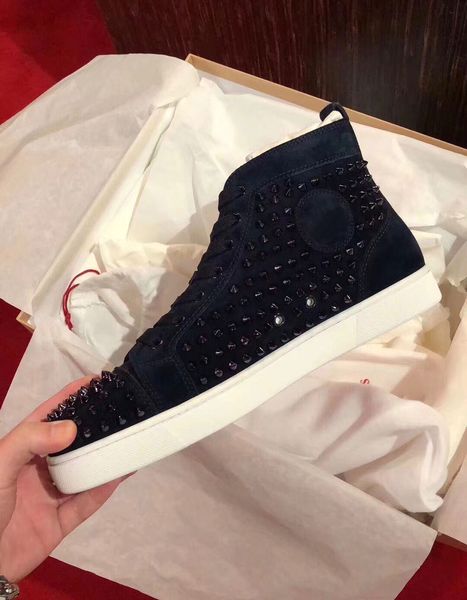 

high-end quality men's spikes red bottom sneakers shoes,navy blue suede leather red sole rivets casual walking party wedding eu35-47, Black