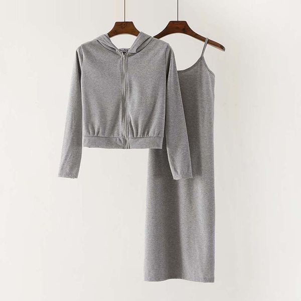 

women's set autumn new fashion two pieces sets spaghetti strap dress midi dress long sleeve hooded short coats ladies suits, Gray