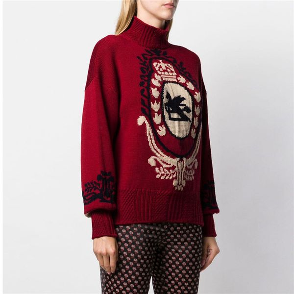 

women's sweaters 2021 vintage horse print women wine red turtleneck sweater pullovere runway desinger female knitted jumper fall winter, White;black