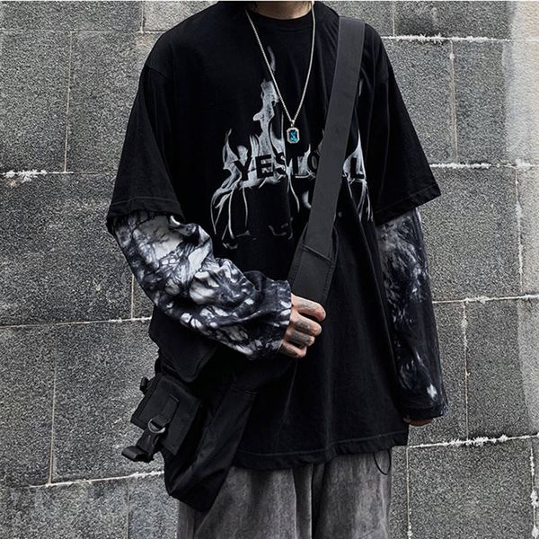 

januarysnow black hip hop t-shirt mens casual autumn tee fake two pieces long sleeve men t shirt fashion japan tshirt streetwear boys, White;black