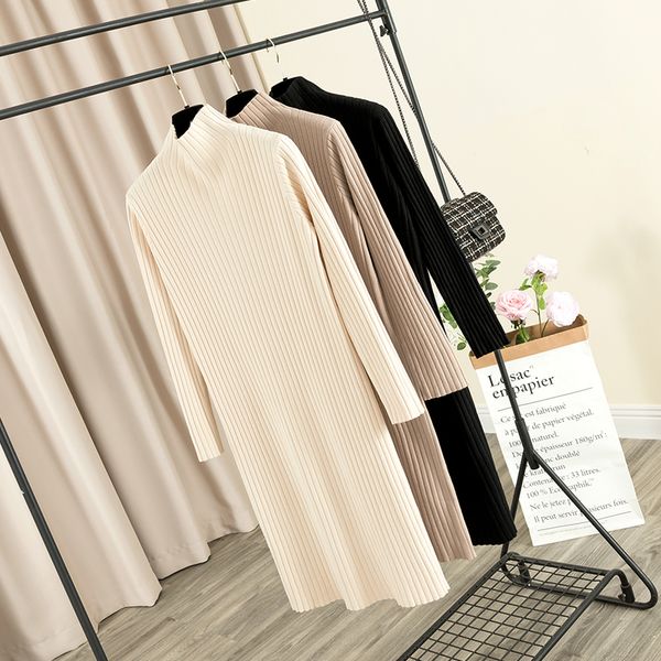 

women's sweaters 2021 autumn and winter long knitted straight dress women high neck thick warm skirt ribbed midi, White;black