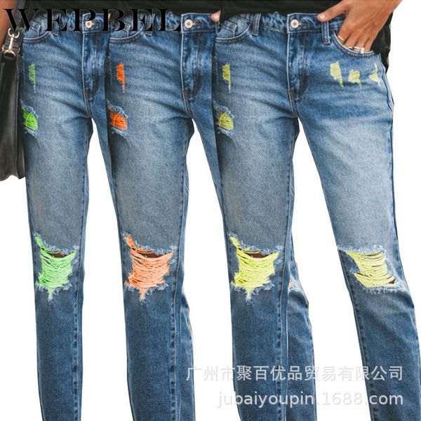 

wepbel women casual hole long denim jeans skinny colored ripped long pencil pants, Blue