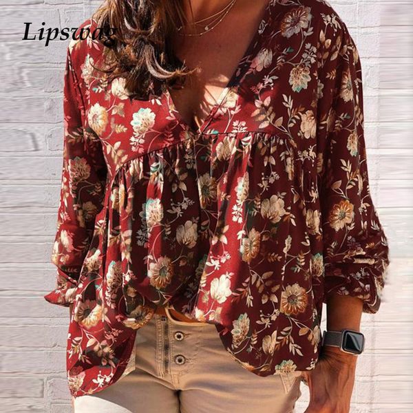 

elegant v-neck floral print blouse shirts women 2020 autumn casual long sleeve pullovers ladies new plus size pleated blusa, White