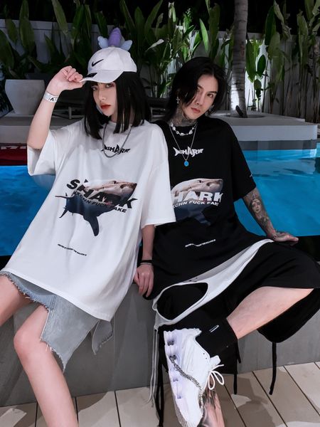 

3d 3d shark print short sleeve t-shirt men's ins european and american fashion brand girls' couple's large loose half sleeve, White;black