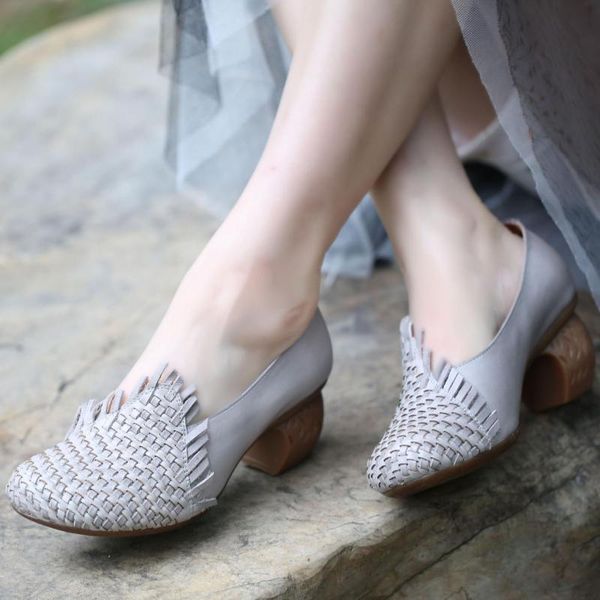 

yourseason woman genuine leather casual pumps 2020 spring autumn ladies retro shallow high heels handmade shoes round toe, Black