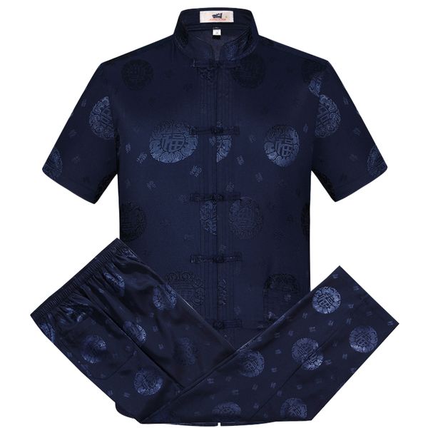 

tang suit men's short-sleeved suit chinese silky traditional hand-buttoned shirt + trousers tai chi vestido chino, Gray