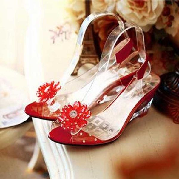 

2020 new wedges sandals women summer sweet flowers transparent open toe heels sandals fishmouth red sell shoes, Black