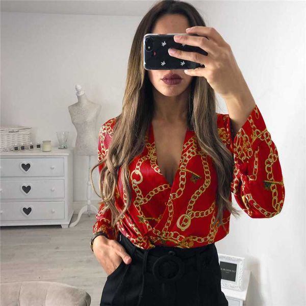

vintage women's fashion silk rompers jumpsuit long sleeve chain print shirt ladies deep v neck satin design bodysuits, Black;white