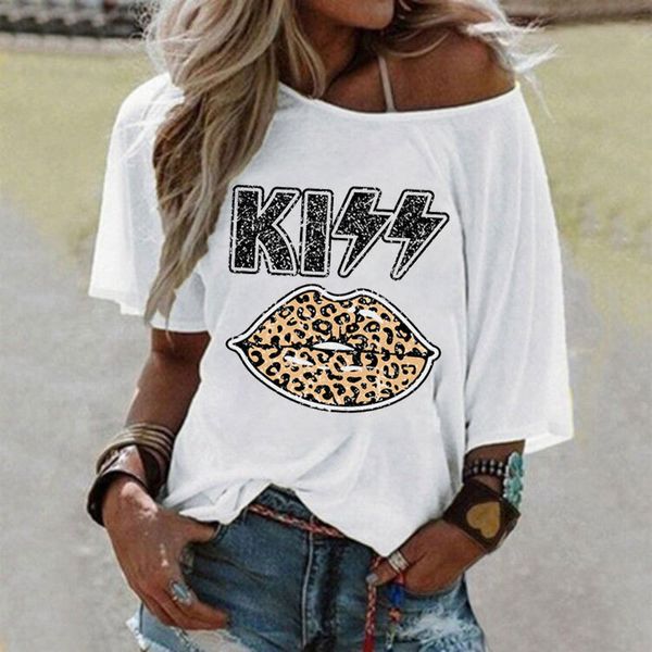 

new foreign trade womens lips kiss letter print off-shoulder bat sleeve, White