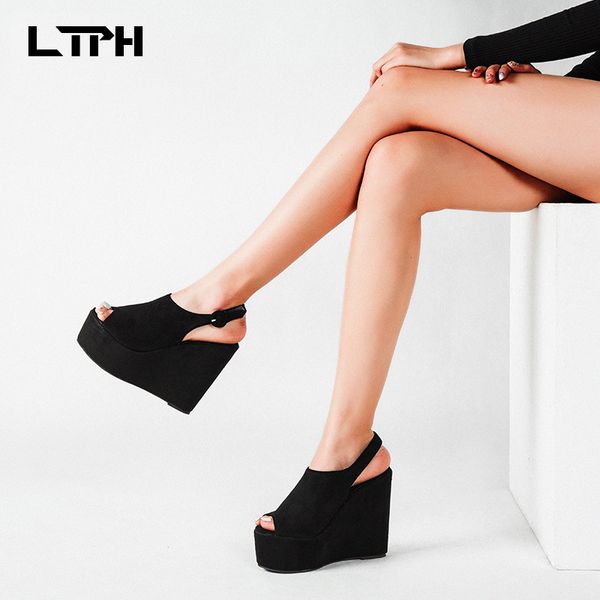 

lpth2020 summer new arrival solid color muffin thick bottom fashion wedges shoes fish mouth bare feet buckle strap women sandals, Black