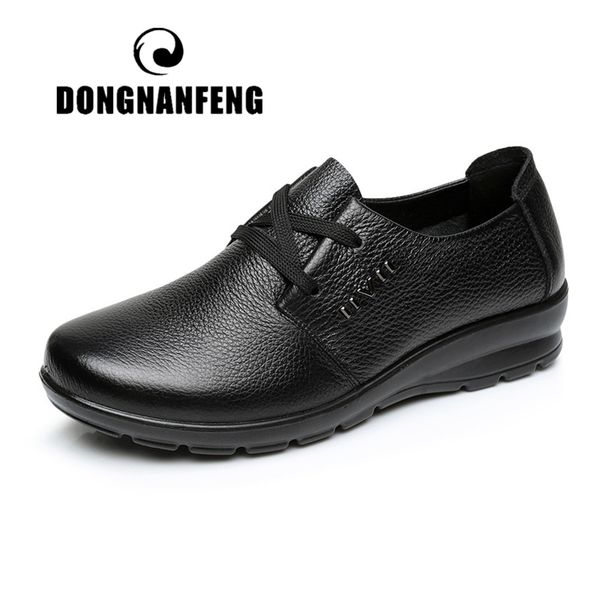 

dongnanfeng women old mother shoes flats cow genuine leather loafers pu lace up round toe non slip soft solid 35-41 jn-5257, Black